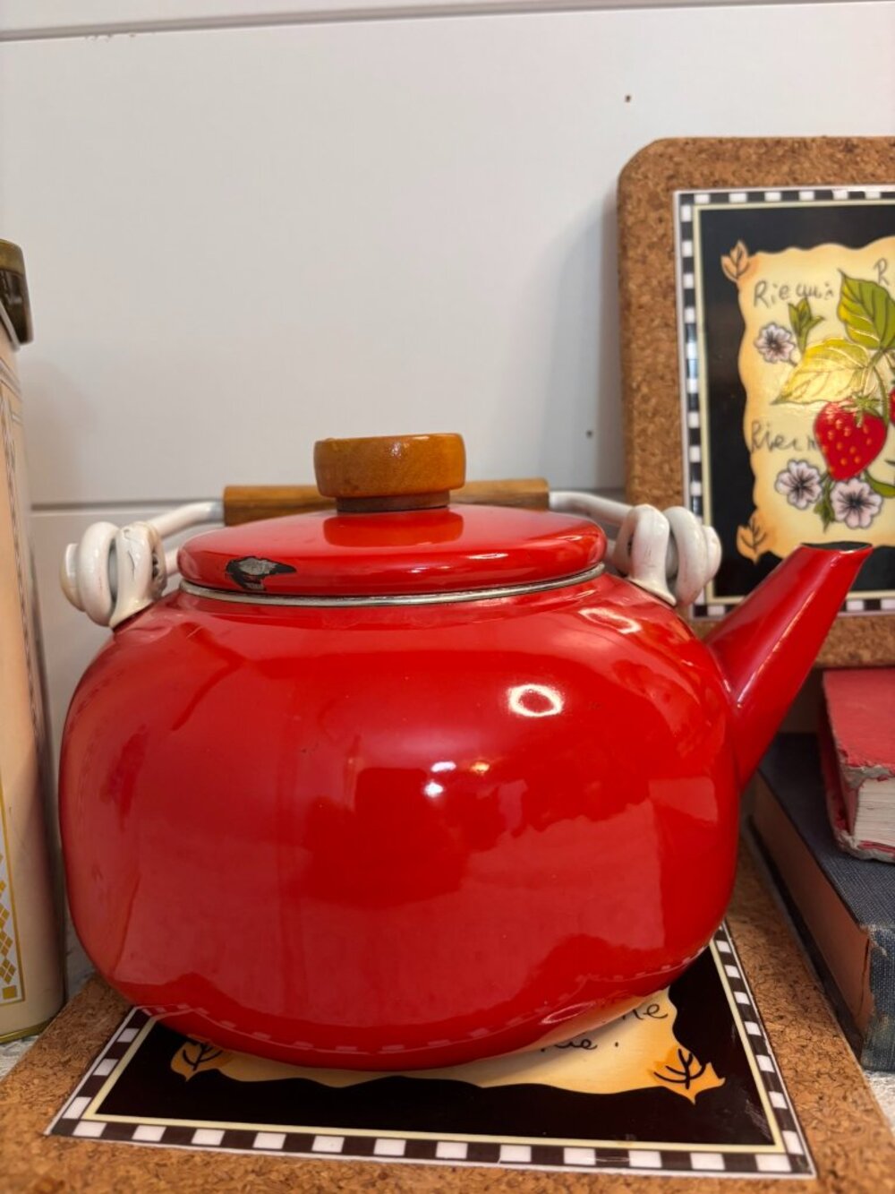 VTG Red Enamelware Teapot Wooden Handle and Top Knob